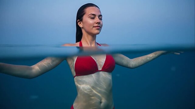 Young woman in red bikini floating peacefully in calm blue ocean water with split level view