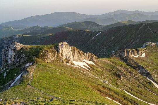 mountain landscape, view from Bucura Dumbrava Peak, Bucegi Mountains, Romania 