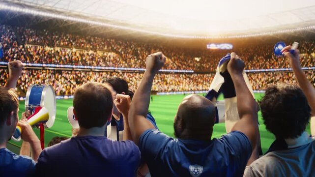 Cheerful woman chanting with megaphone in soccer arena during match day for fan culture, stadium atmosphere and team support content.