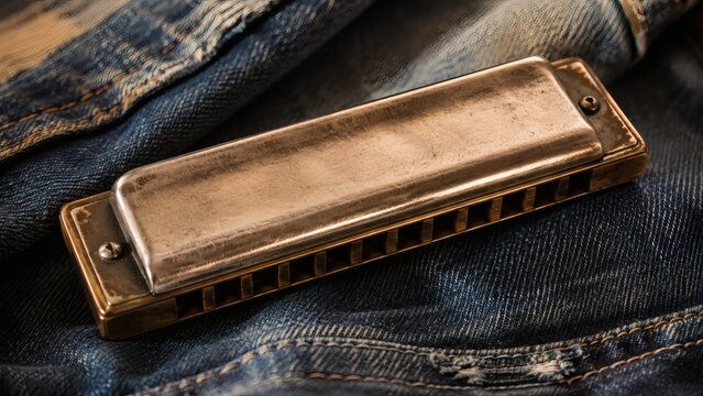 Vintage Metal Harmonica on Denim Fabric in Warm Close Up Light
