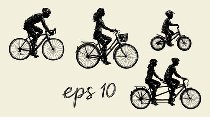 Obraz premium Comprehensive Collection of Fifty Diverse Silhouettes Representing Cyclists Riding Bicycles in Profile Side View Isolated on a White Background for Graphic Design Illustration Elements
