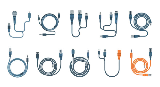 Set of Various Electronic Cables and Connectors Icons