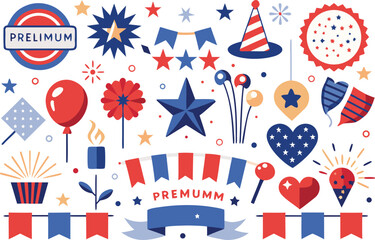 Fototapeta premium American independence day party celebration icon set isolated on transparent background, Vector