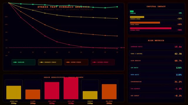 Display of a quantitative risk assessment dashboard showing dynamic financial trend lines and bar charts within a dark digital interface for complex banking scenario projection analysis