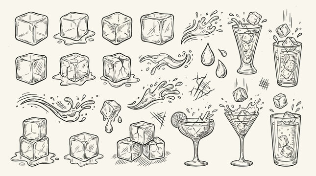 Artistic Hand Drawn Doodle Ice Cube Line Icon Set Featuring Outline Vector Illustration Of Chilled Frozen Blocks With Refreshing Water Splash Elements For Beverage Design Graphic Resources