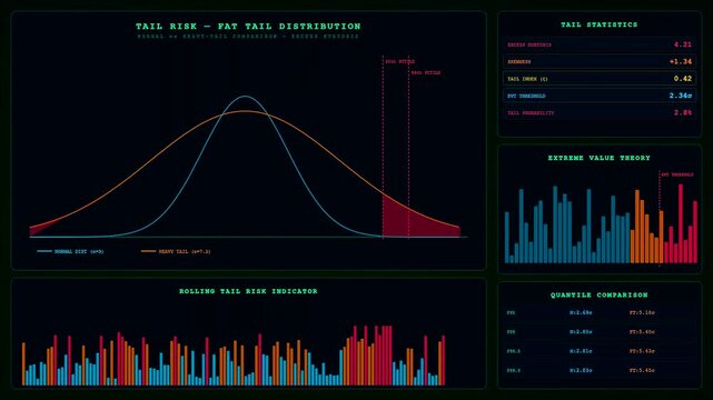 Quantitative risk assessment displays appear in this dynamic sequence showing statistical bell curves and financial bar charts evolving across multiple panels on a dark computer monitor
