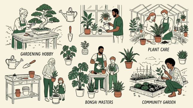Multicultural group of individuals meticulously cultivating miniature bonsai trees and vibrant botanical garden plants in both modern interior and sunny outdoor terrace settings for wellness.