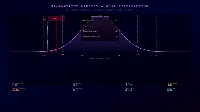 Three panel sequence showing a quantitative risk assessment model with expanding bell curve distributions and data visualizations displayed against a dark digital user interface screen layout