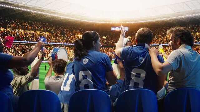 Rear view of happy football supporters in blue team jerseys raising fists to celebrate during soccer match day in packed stadium, showing soccer crowd jumping from joy after after competition victory.