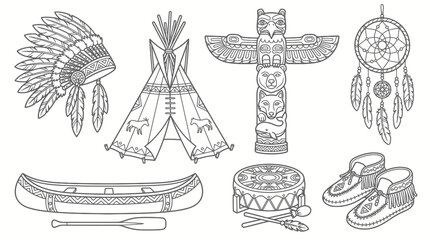 Native American Culture and Heritage Symbols Collection with Headdress, Tipi, Totem Pole, Canoe, and Moccasins, Isolated White Background. © mangun