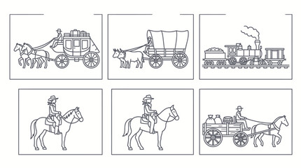 Obraz premium Classic Old West Transportation and Cowboy Figures Collection with Stagecoach, Covered Wagon, Train, and Horse Riders, Isolated White Background.