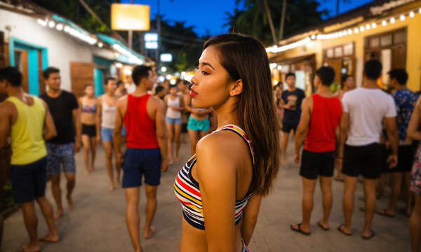 young asian woman in a striped top standing in profile amid a crowd of people on a busy tropical street at night