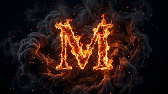 Burning Fire Letter M Capital Alphabet with Thick Smoke Clouds and Sparks on Black Background