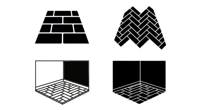 Minimal black silhouette icon, simple flat vector, bold black shape, no gradients, no shading set of different floor tile patterns and interior room corners on a, flat icon style