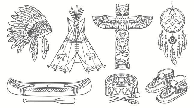 Native American Culture and Heritage Symbols Collection with Headdress, Tipi, Totem Pole, Canoe, and Moccasins, Isolated White Background.