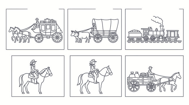 Classic Old West Transportation and Cowboy Figures Collection with Stagecoach, Covered Wagon, Train, and Horse Riders, Isolated White Background.