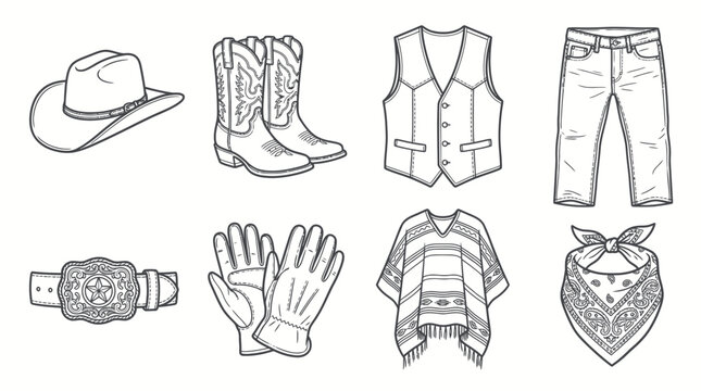 Traditional Cowboy Western Clothing and Accessories Icon Set on Isolated White Background