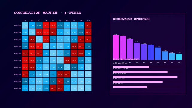 A quantitative risk assessment interface shows changing statistical data and fluctuating bar charts across three separate panels in a dark digital space for financial analysis