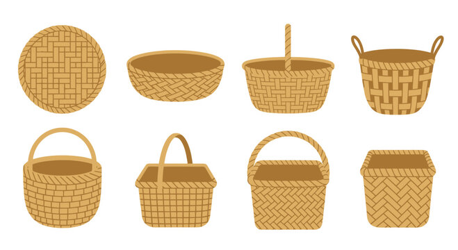 Set of Various Woven Wicker Baskets with Handles Isolated on White