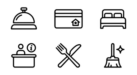 Fototapeta premium Hotel Service Icons: Reception Bell, Credit Card, Bed, Concierge, Dining, Cleaning Vector Set