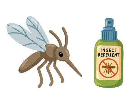 Mosquito and insect repellent spray set. Cartoon vector isolated illustration on white background. 