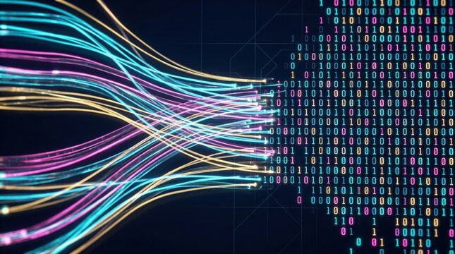 Abstract data flow streams merging into binary code matrix, futuristic AI and big data visualization background