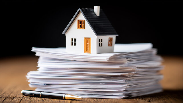 House model on a stack of documents with a pen, representing real estate paperwork, mortgage contracts, and property ownership.
