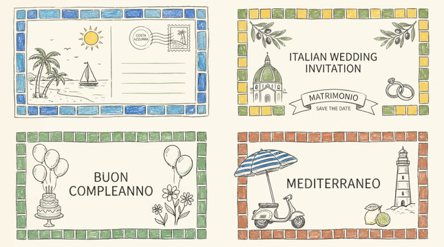 Colorful hand drawn crayon sketch mosaic frame set for mediterranean summer beach postcard design, creative artistic border collection with vibrant seaside coastal texture and element.