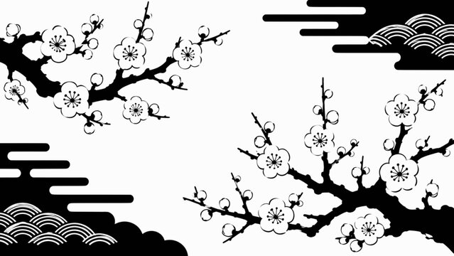 白黒の梅枝と雲波文様を描いた和風装飾背景