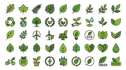Fototapeta premium Green leaves eco icons and symbols.