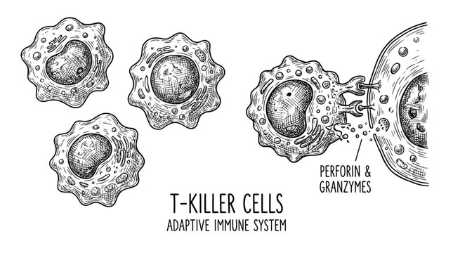 Hand Drawn Scientific Illustration of Cytotoxic T Killer Cells Isolated on White Background for Microbiology and Immunology Research and Education Graphics
