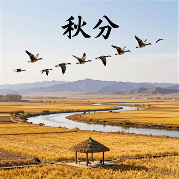 Autumn Equinox Scene: Migrating Geese Over Golden Harvest and River