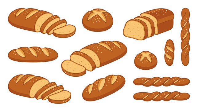 Variety of bread loaves and rolls.