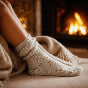 Cozy cocooning lifestyle with warm wool sock and blanket by fireplace, relaxing home atmosphere and soft lighting