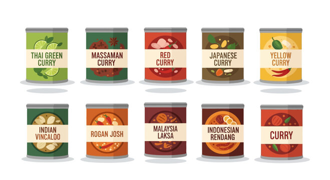 Variety of Canned Curries and Asian Soups, Vector Illustration