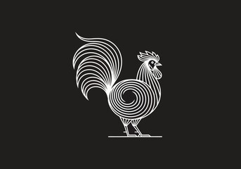 Minimalist white line art rooster logo on black background © alpen