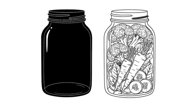 Minimal black silhouette icon, simple flat vector, bold black shape, no gradients, no shading illustration of an empty glass jar and a jar filled with fresh vegetables on a, flat icon style