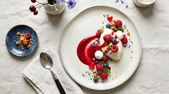 Patriotic berry dessert with cream and raspberry coulis