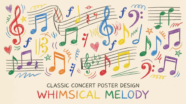 Artistic collection of hand-drawn musical notes and clef symbols featuring charcoal crayon texture, melodic scribble elements, and creative handwriting for rhythmic auditory design.