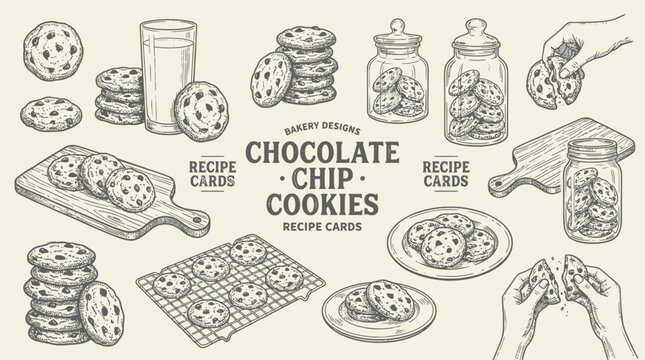 Hand Drawn Sketch Collection of Sweet Chocolate Chip Cookies Assortment Featuring Glass Jar Container and Fresh Milk Bottle with Tasty Bakery Biscuits Isolated on White Background