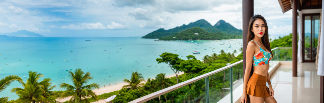 young asian woman in a floral top and brown skirt standing on a balcony overlooking a tropical bay with boats