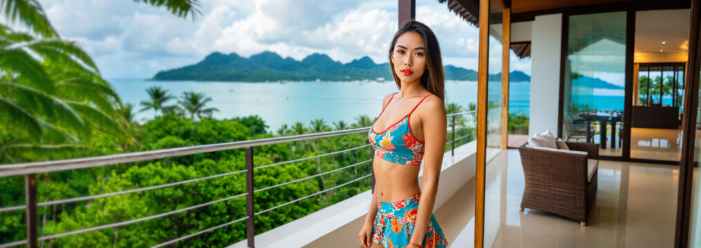 young asian woman in a floral bikini standing on a balcony overlooking the ocean and mountains