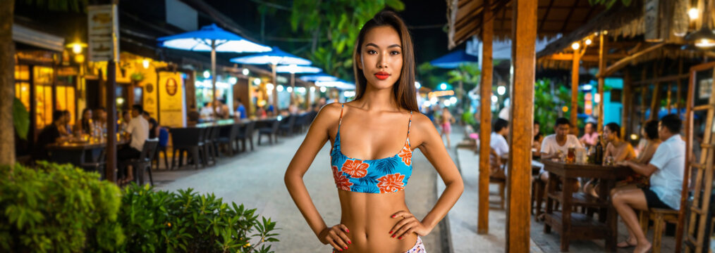 confident young asian woman with hands on hips standing at a tropical night restaurant