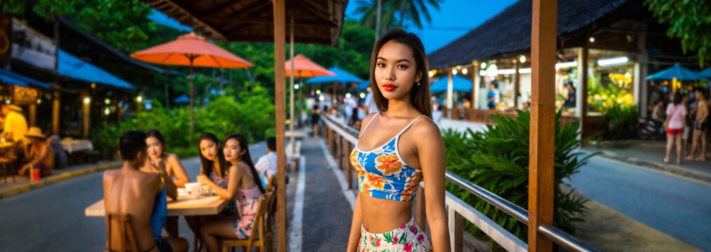 young asian woman in a floral crop top and skirt standing on a tropical restaurant walkway at dusk