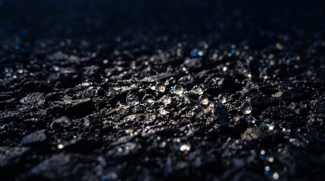 A close-up view of wet black asphalt with tiny water droplets reflecting light on its rough textured surface