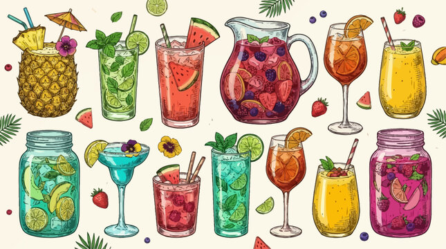 Vibrant and colorful assortment of refreshing summer drinks, featuring a variety of icy fruity cocktails, cold beverages, and tropical mocktails served in glasses on a bright sunny background.