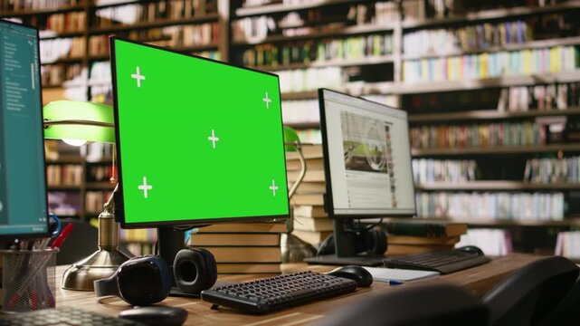 Green screen desktop monitor mockup with tracking markers framed between other computer displays on library desk with books, keyboards and headphones, computer lab, for education technology.