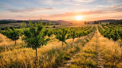 Obraz premium Cherry Tree Orchard with Rows of Fruit Trees Under Blue Summer Sky