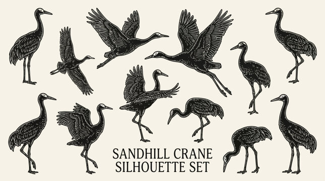 Comprehensive set of twenty sandhill crane silhouettes displaying diverse avian poses including flight, foraging, and dancing, perfect for wildlife graphic design and nature projects