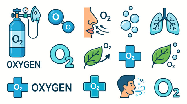 Oxygen Element Infographic Set with O2 Gas Cylinder, Breathing Icons, Lungs, Photosynthesis Leaves, and Medical Cross Vector Illustration